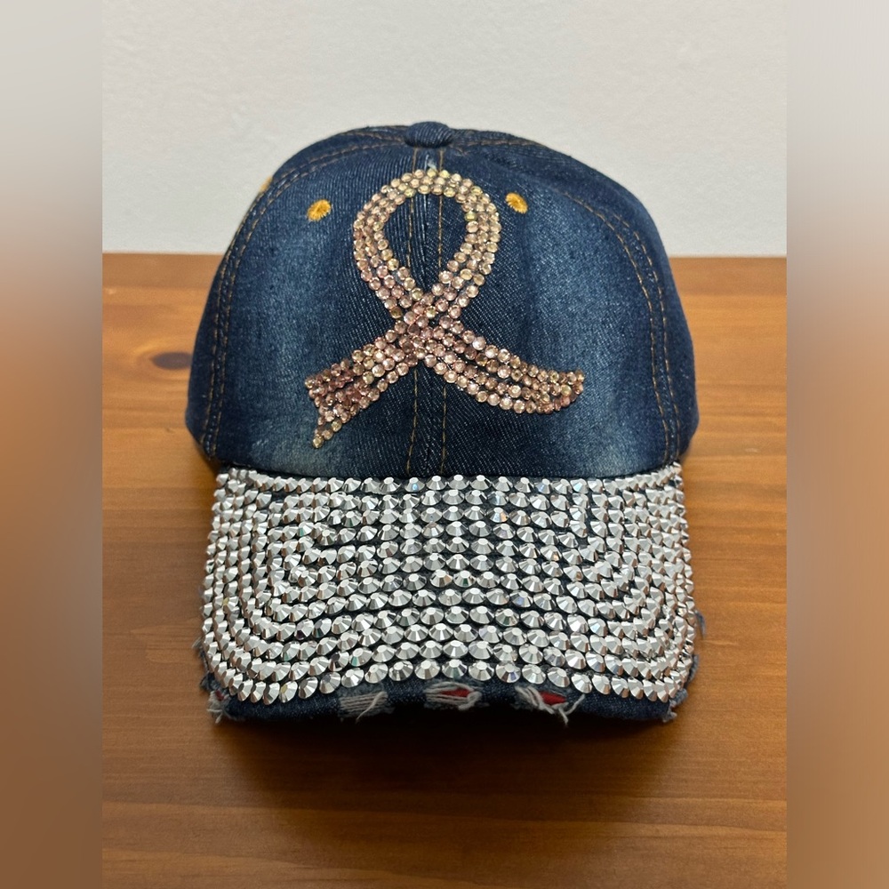 Rhinestone and Denim Baseball Hat Breast Cancer Pink Ribbon Distressed Cap